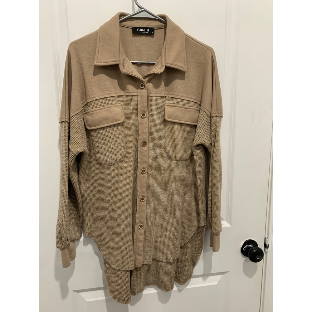 Blue B Collection Tan Mixed Media Waffle Knit Shacket Button Down Top Small